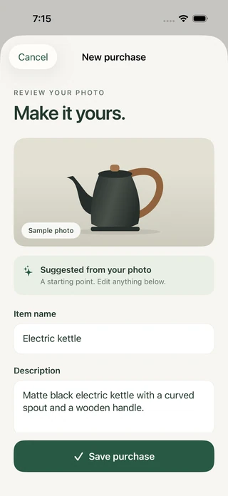 Offline iPhone purchase-photo review with editable suggested product details